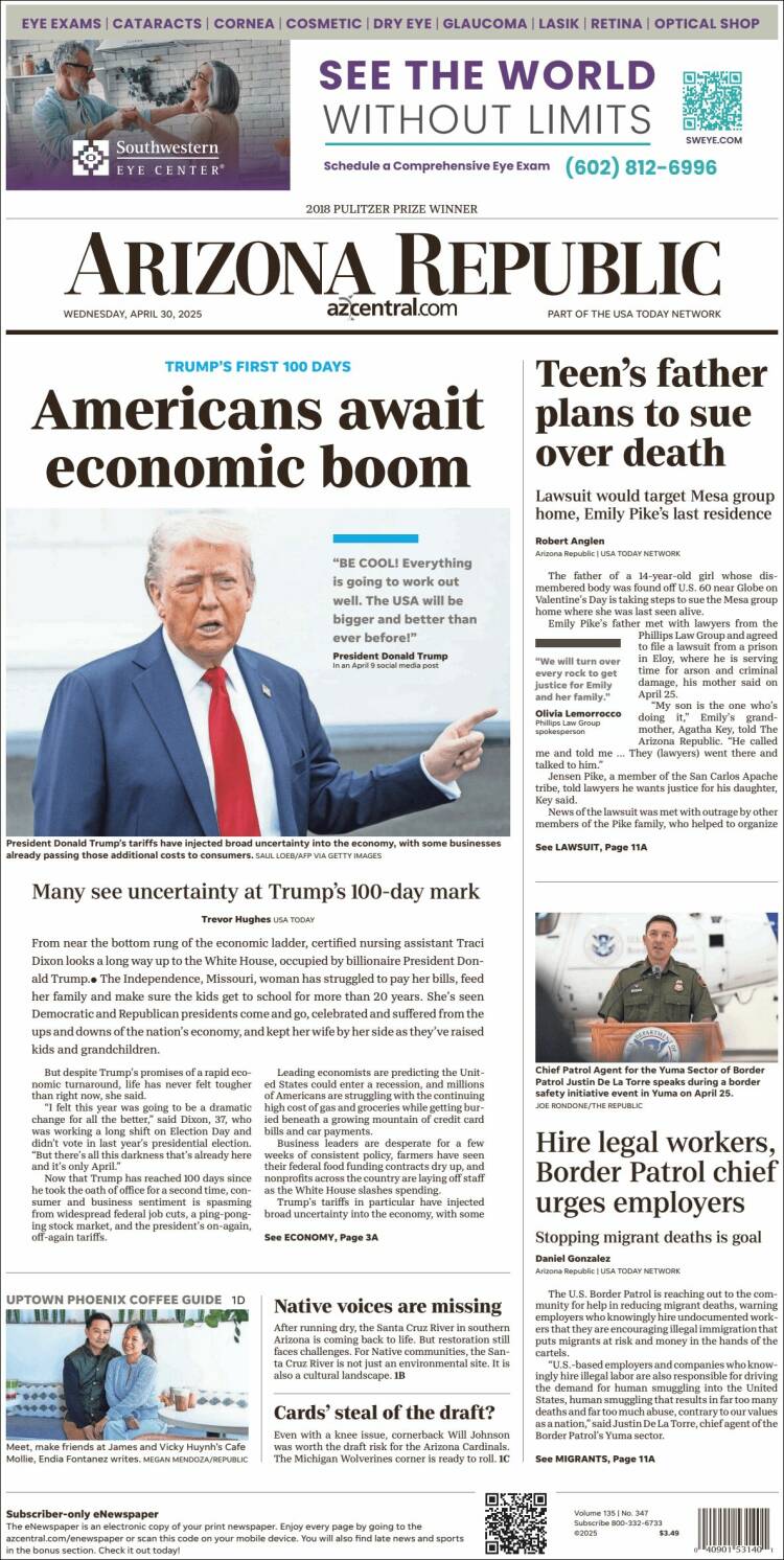 Portada de Arizona Republic News (USA)