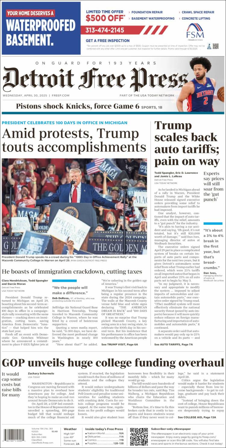 Portada de Detroit Free Press (USA)