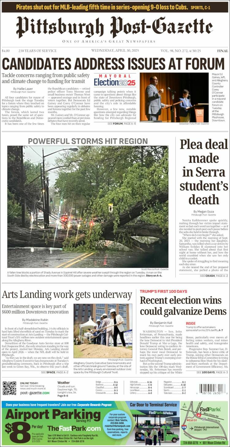 Portada de Pittsburgh Post-Gazette (USA)