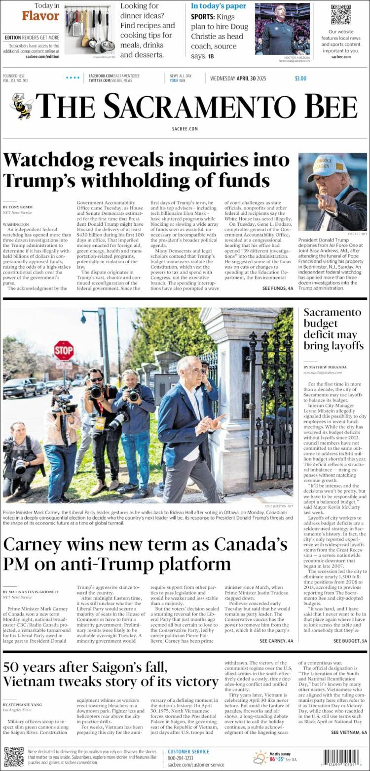 Portada de The Sacramento Bee (USA)