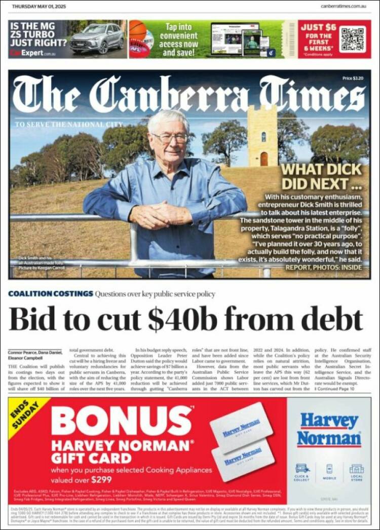 Portada de The Canberra Times (Australia)