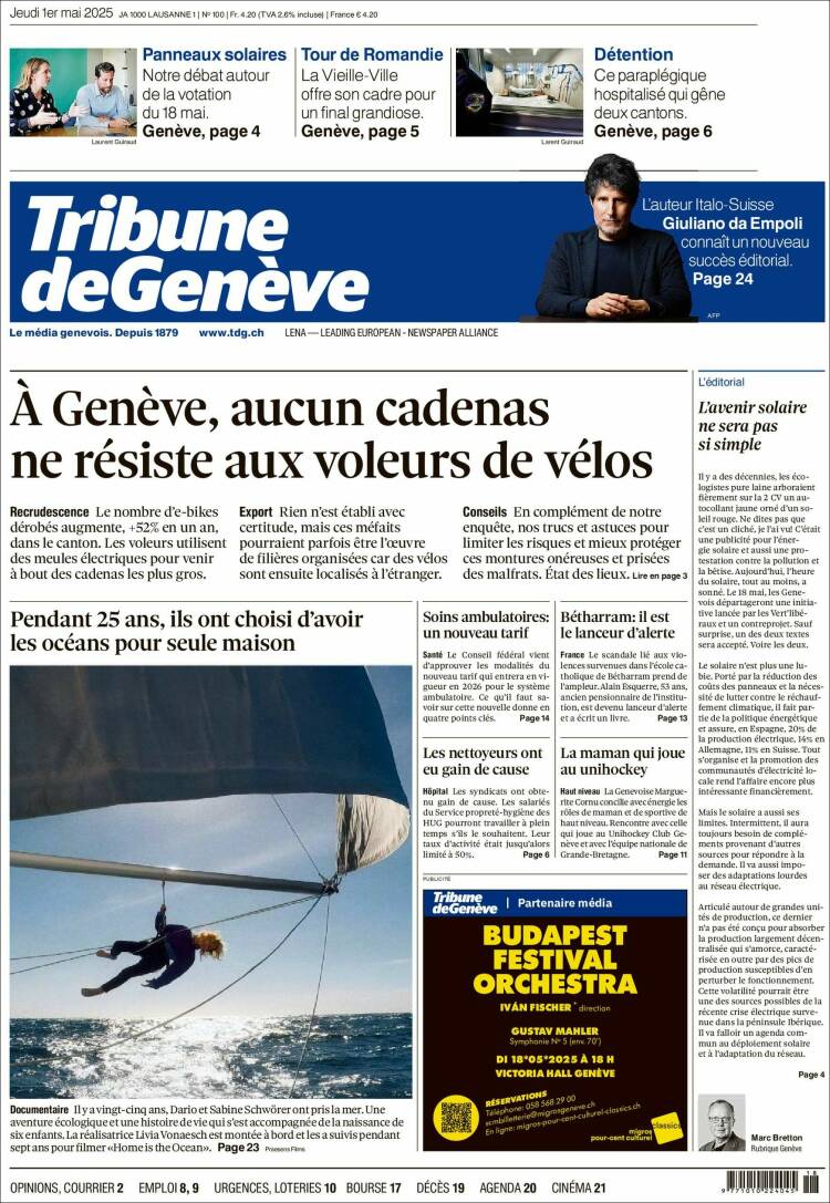 Portada de La Tribune de Genève (Suisse)
