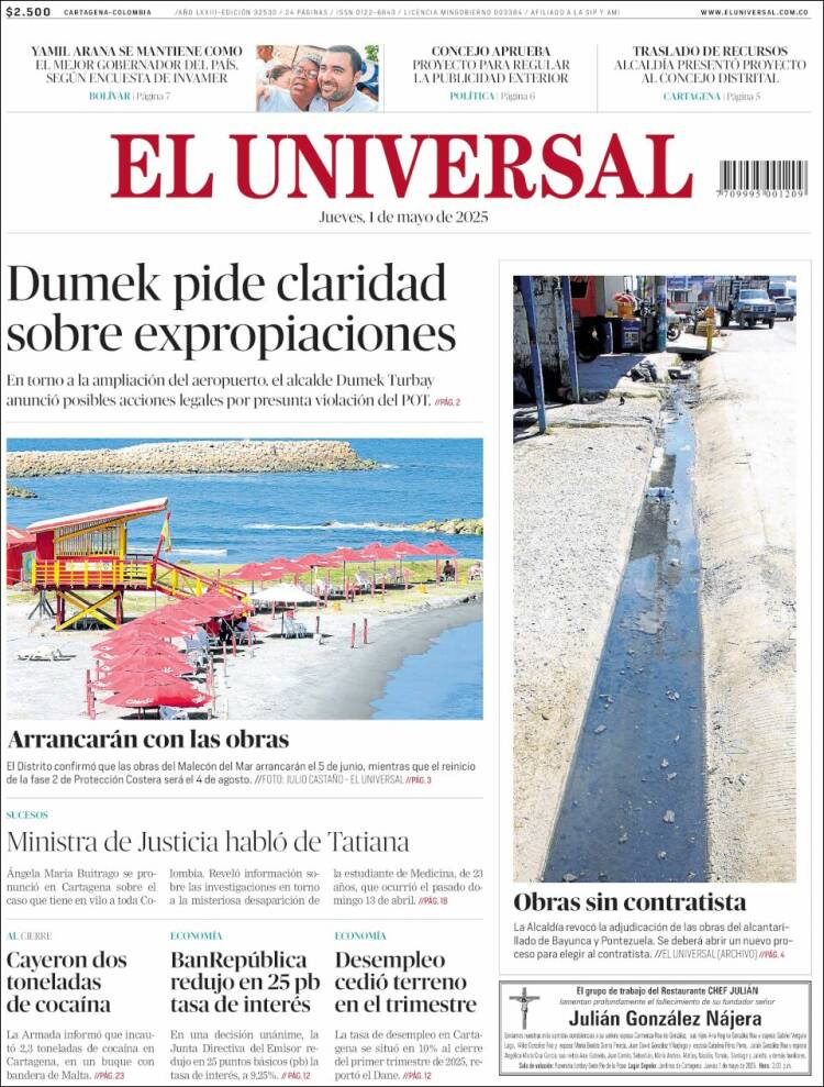 Portada de El Universal (Colombia)