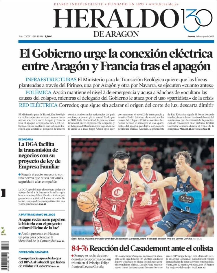 Portada de Heraldo de Aragón (España)
