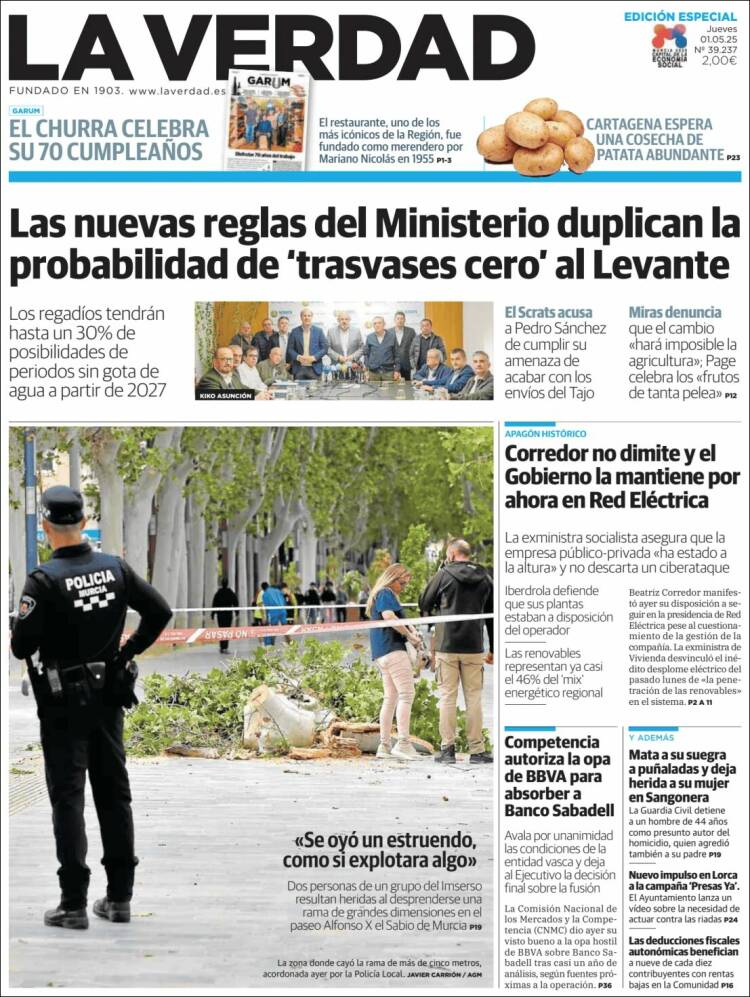 Portada de La Verdad de Murcia (España)
