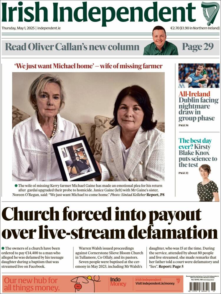 Portada de Irish Independent (Irlanda)