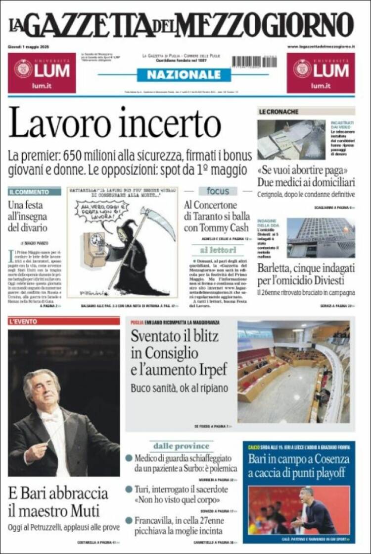 Portada de La Gazzetta del Mezzogiorno (Italia)