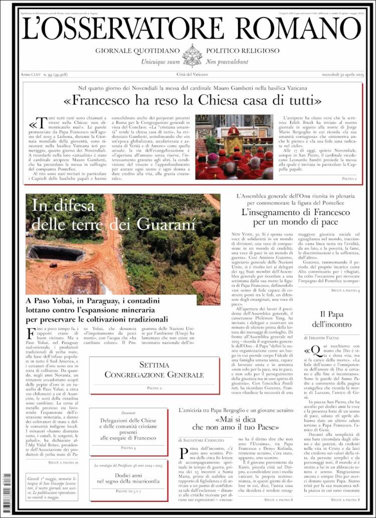 Portada de L'Osservatore Romano (Italia)