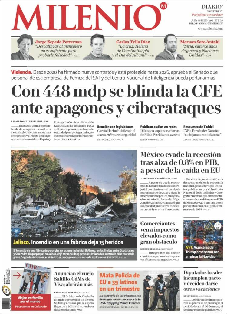 Portada de Milenio de Monterrey (México)