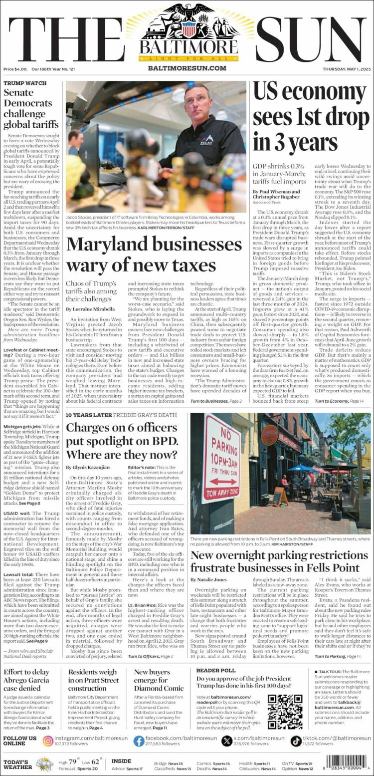 Portada de The Baltimore Sun (USA)