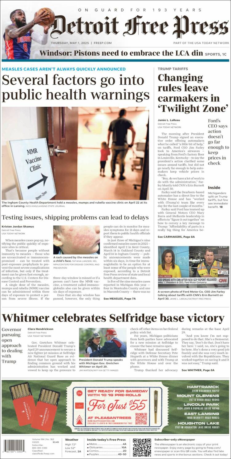 Portada de Detroit Free Press (USA)