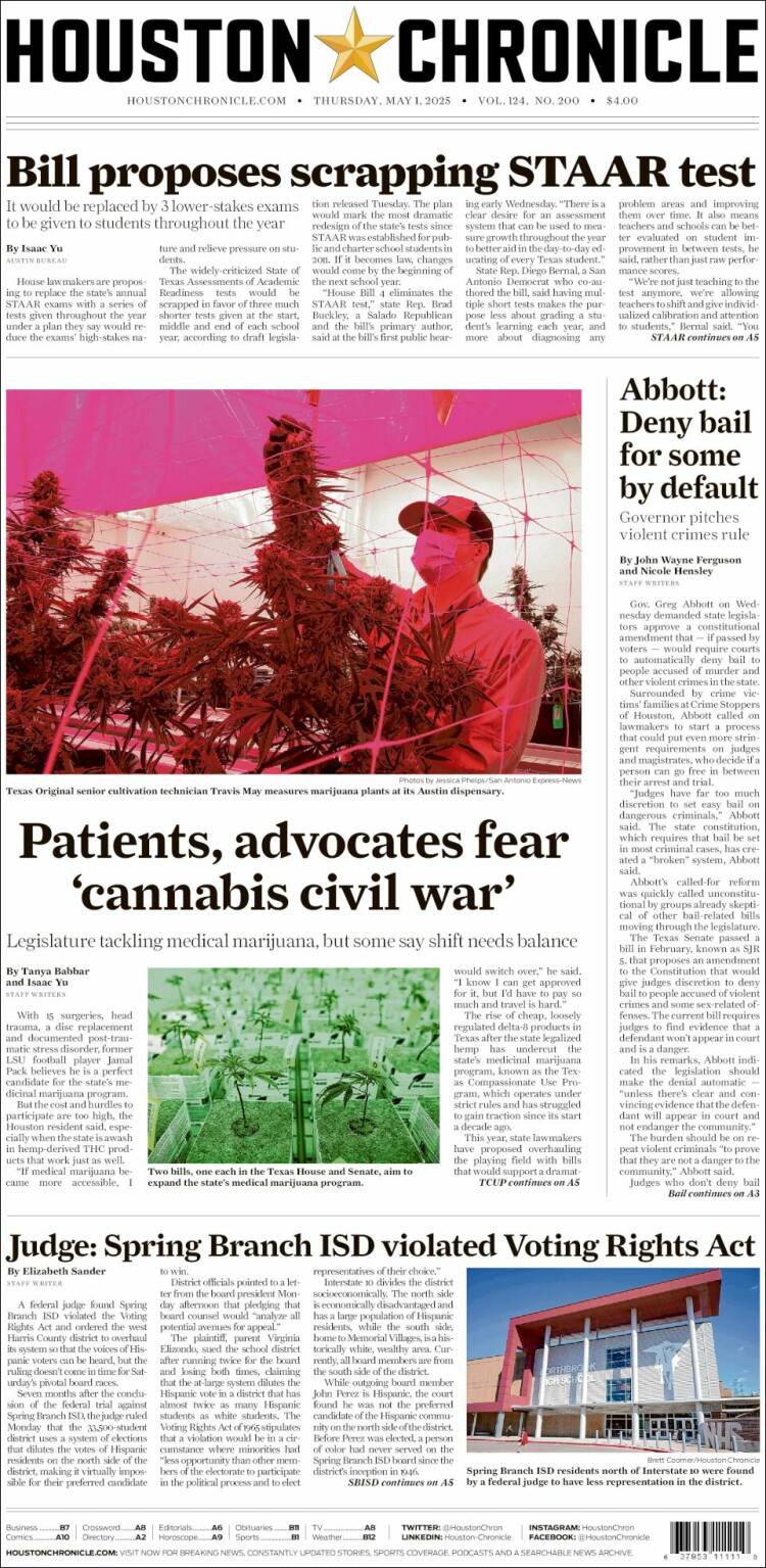 Portada de Houston Chronicle (USA)