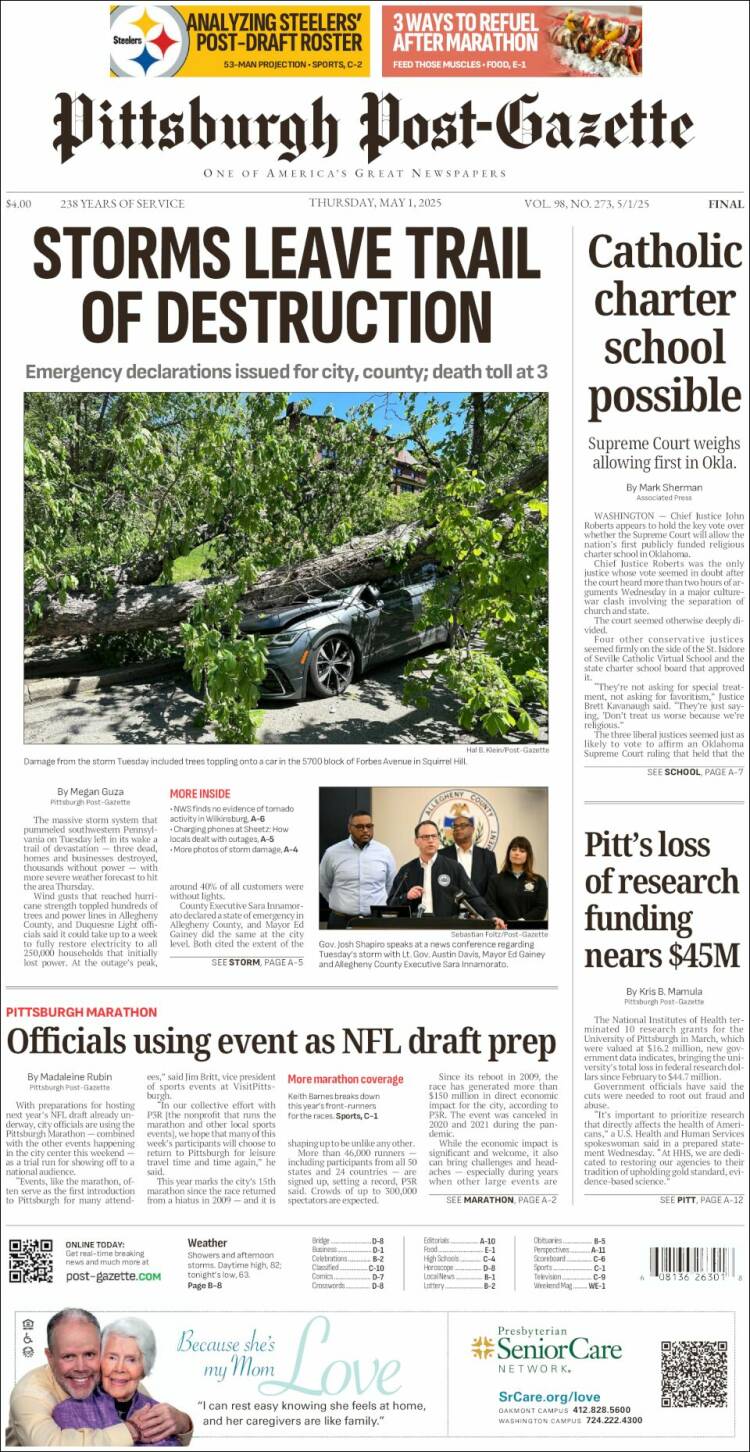 Portada de Pittsburgh Post-Gazette (USA)