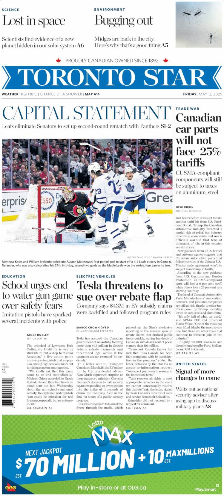 Portada de The Toronto Star (Canadá)