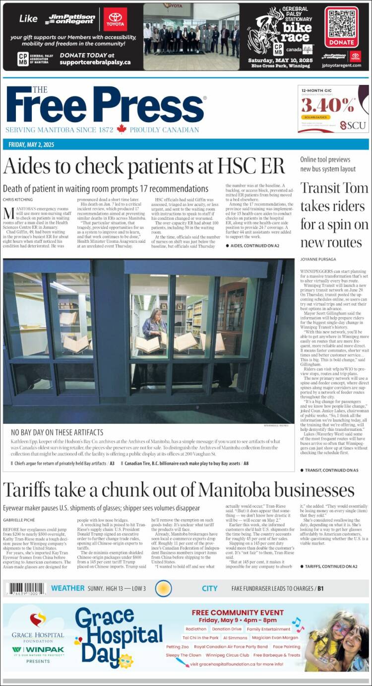 Portada de Winnipeg Free Press (Canadá)