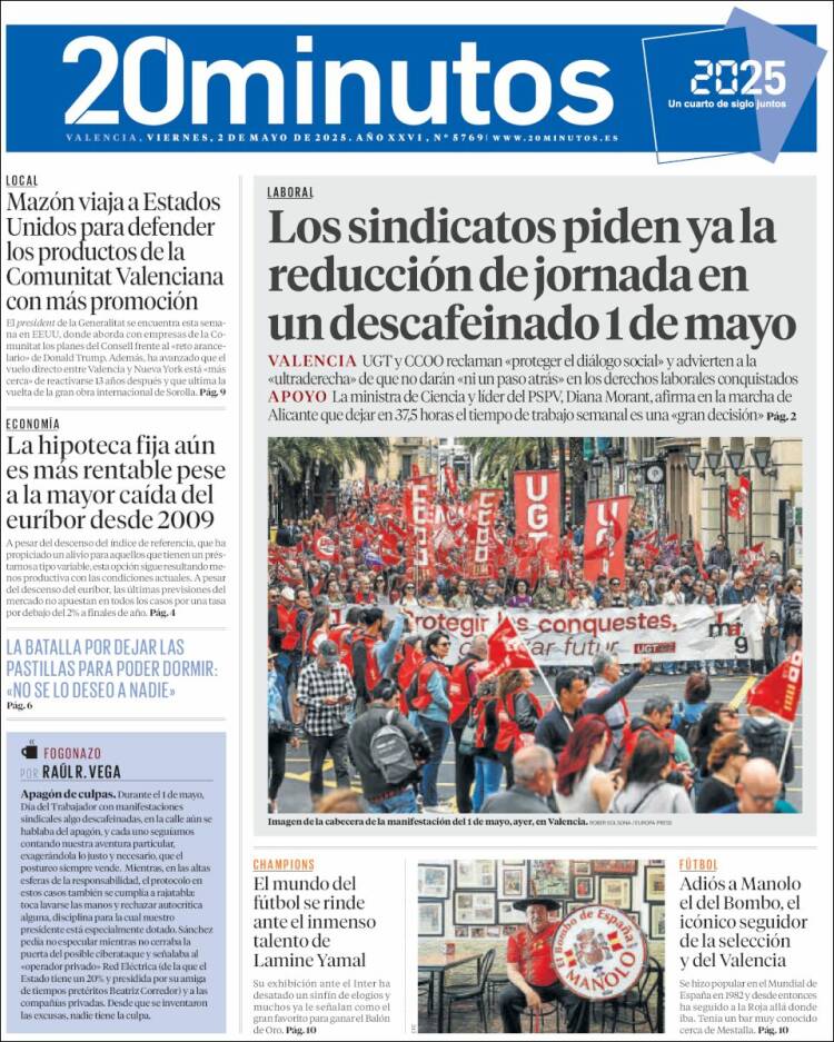 Portada de 20 Minutos - Valencia (España)
