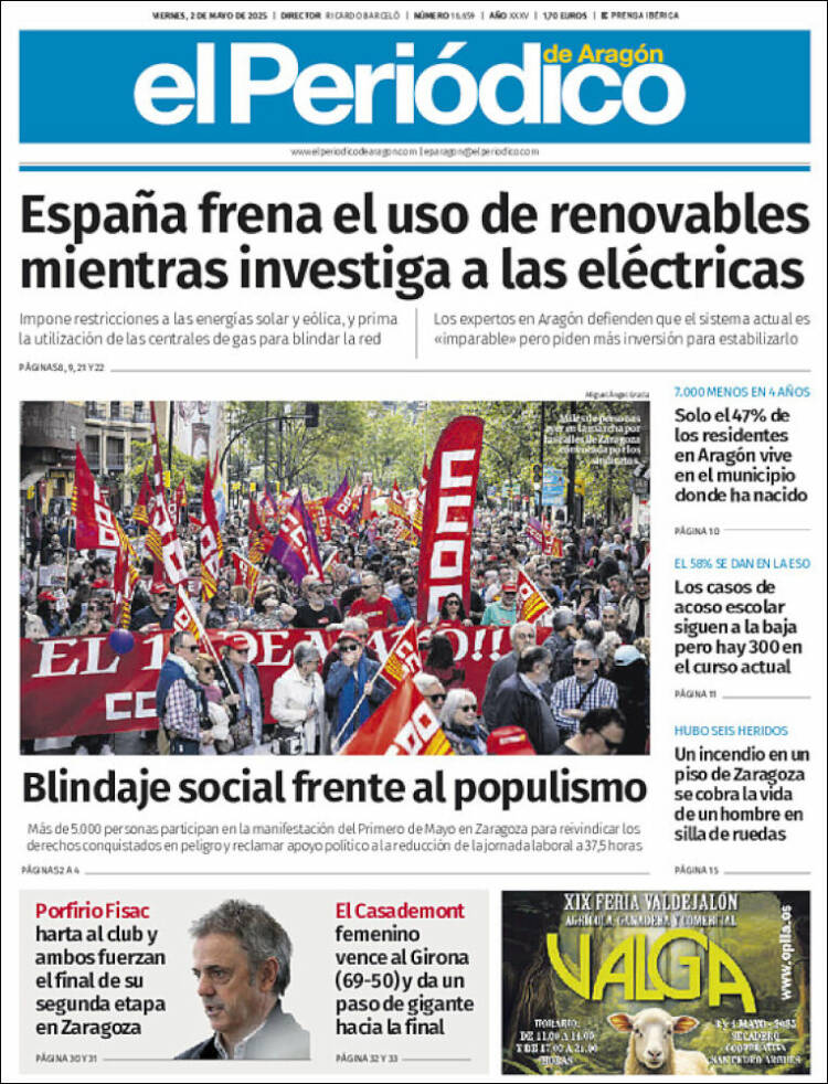 Portada de El Periódico de Aragón (España)
