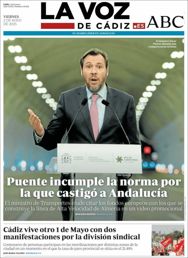Portada de La Voz de Cádiz (España)