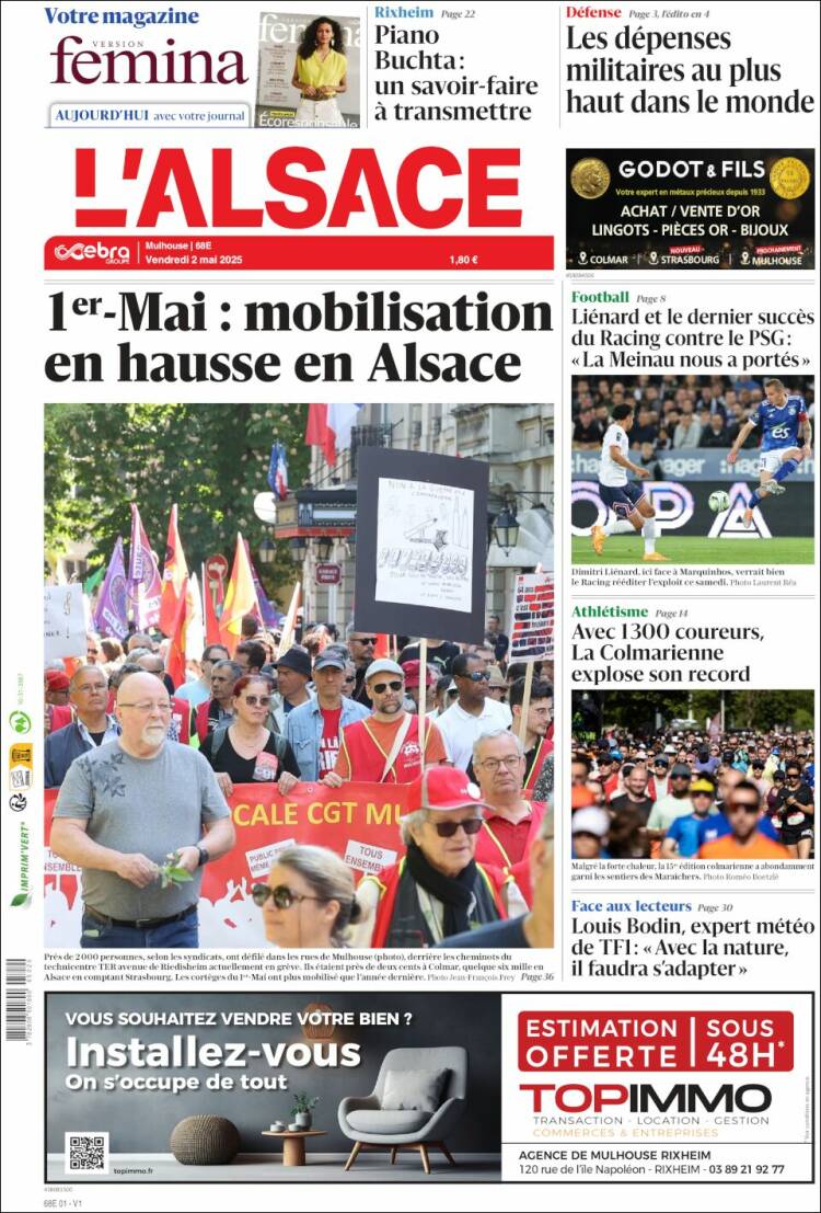 Portada de Journal L'Alsace (Francia)