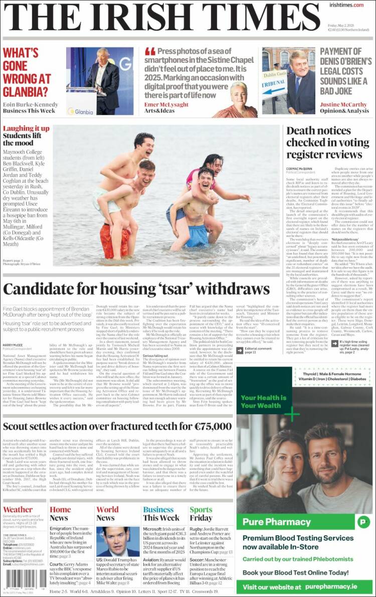 Portada de Irish Times (Irlanda)