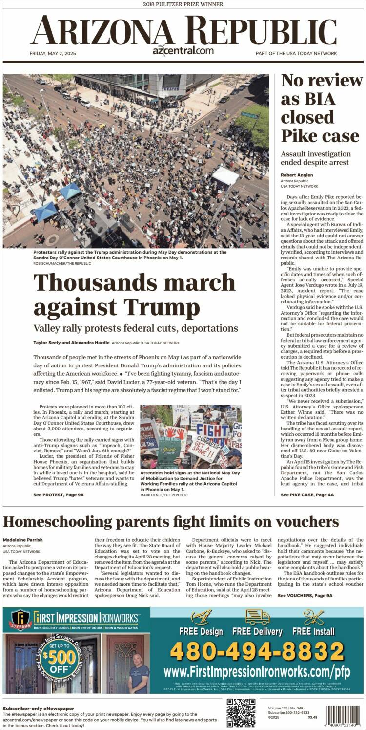 Portada de Arizona Republic News (USA)