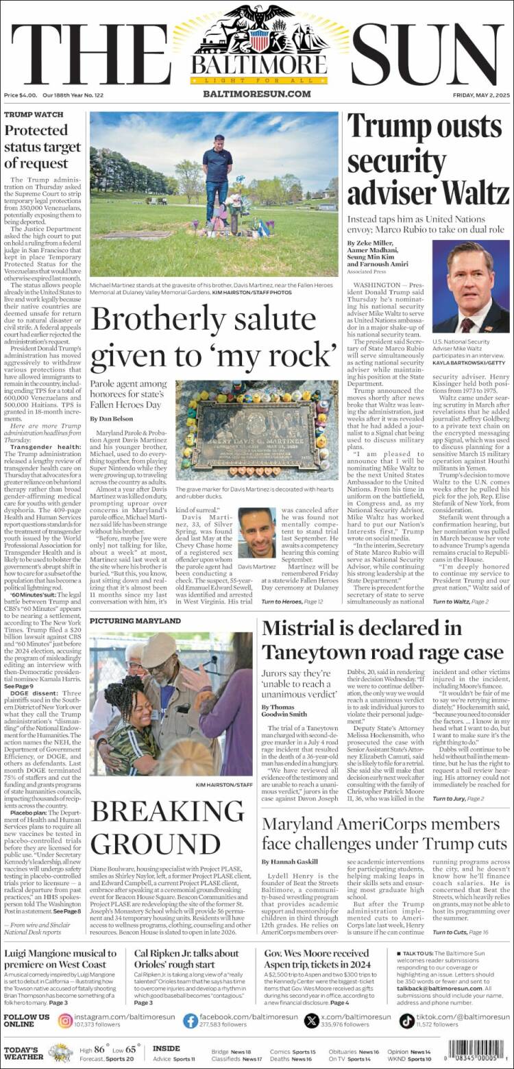 Portada de The Baltimore Sun (USA)
