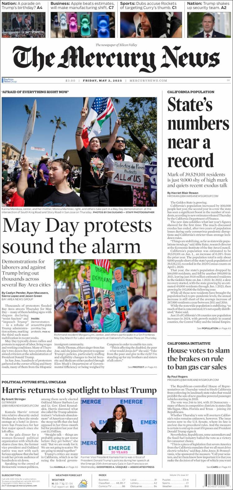 Portada de San Jose Mercury News (USA)