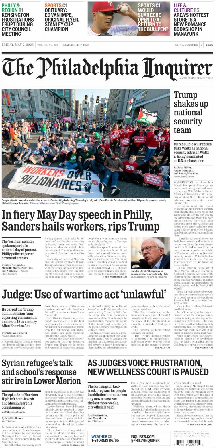 Portada de Philadelphia Inquirer (USA)