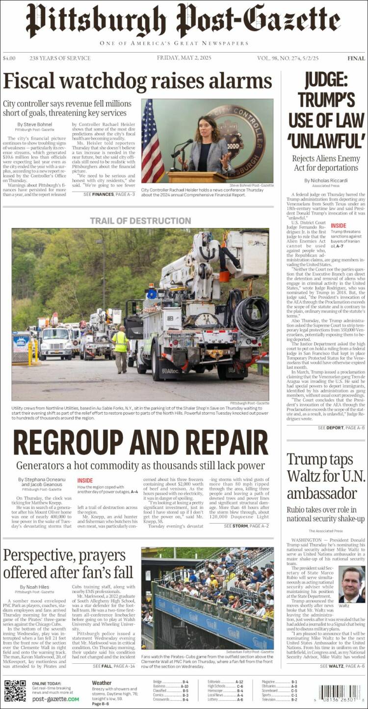 Portada de Pittsburgh Post-Gazette (USA)