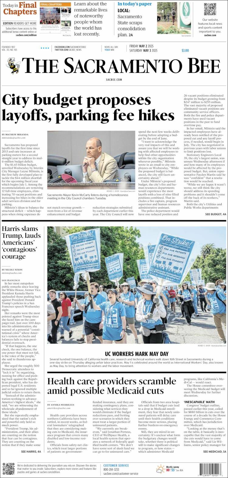 Portada de The Sacramento Bee (USA)