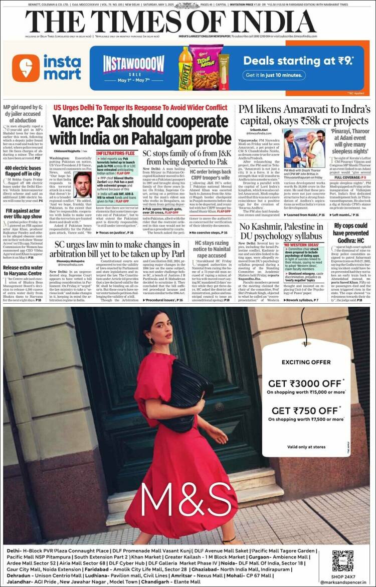 Portada de The Times of India (India)