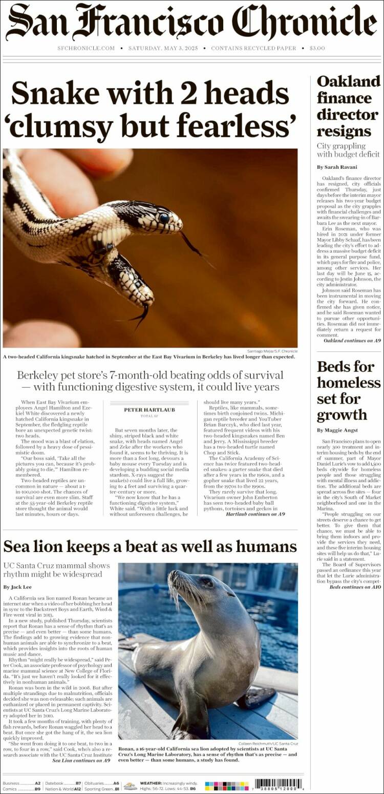 Portada de San Francisco Chronicle (USA)