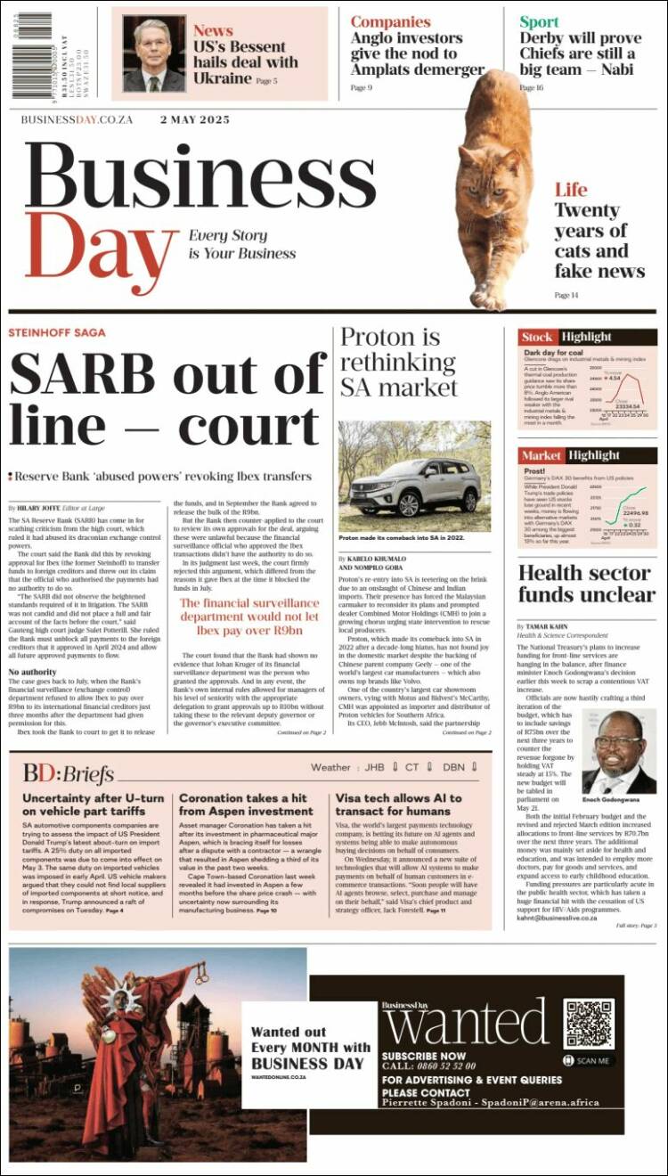 Portada de Business Day (Sud&aacute;frica)