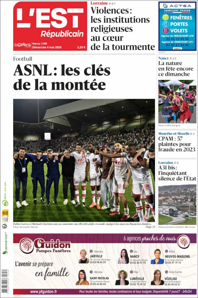 Portada de L'Est Republicain (Francia)