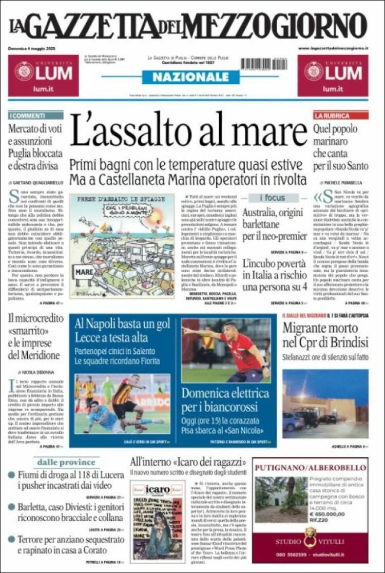 Portada de La Gazzetta del Mezzogiorno (Italia)
