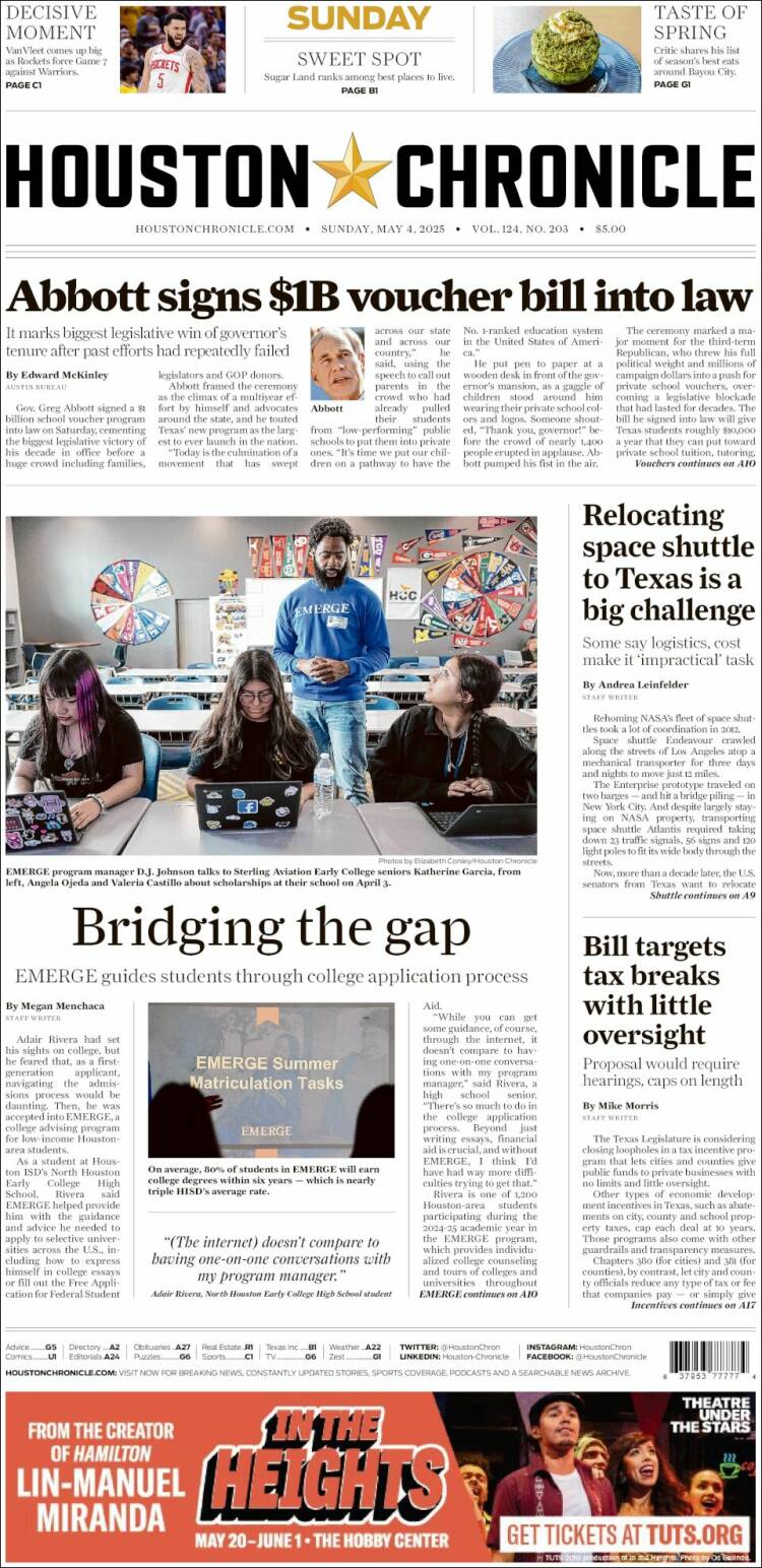 Portada de Houston Chronicle (USA)