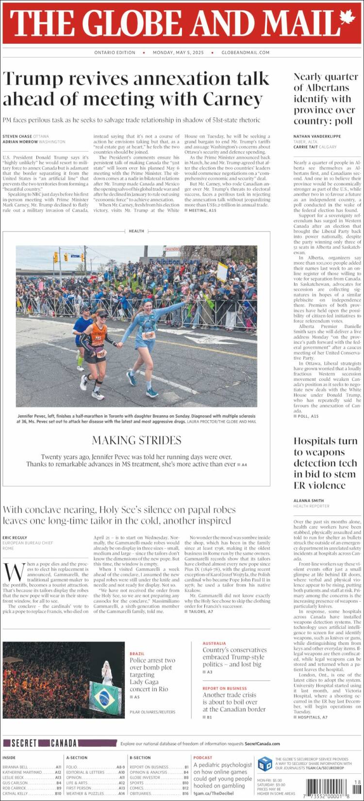 Portada de The Globe and Mail (Canadá)