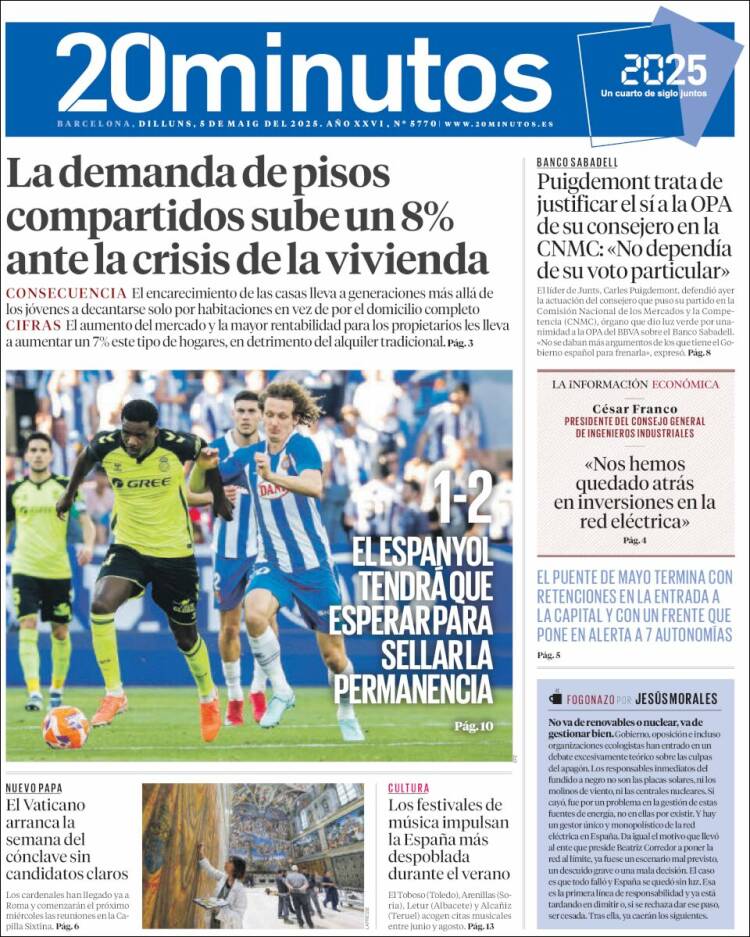Portada de 20 Minutos - Barcelona (España)
