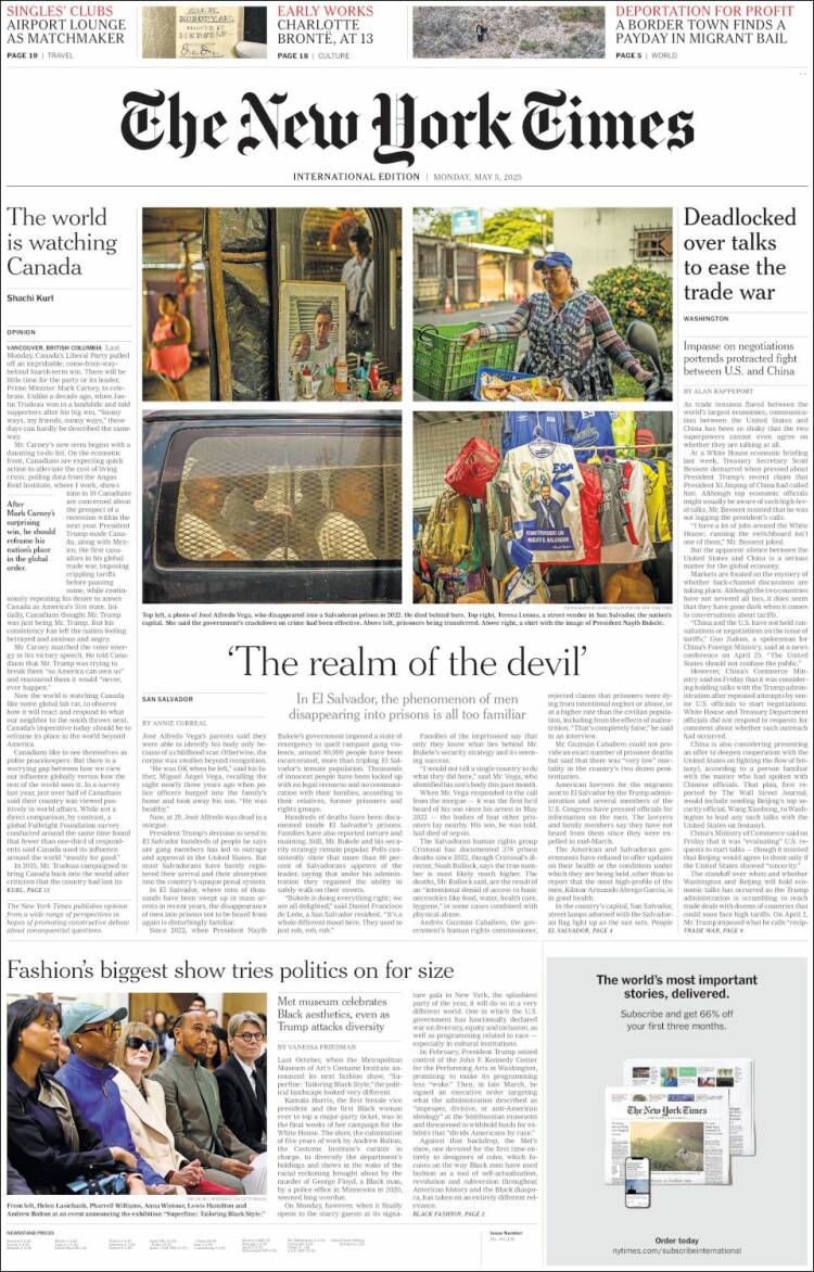 Portada de International New York Times (Europa)