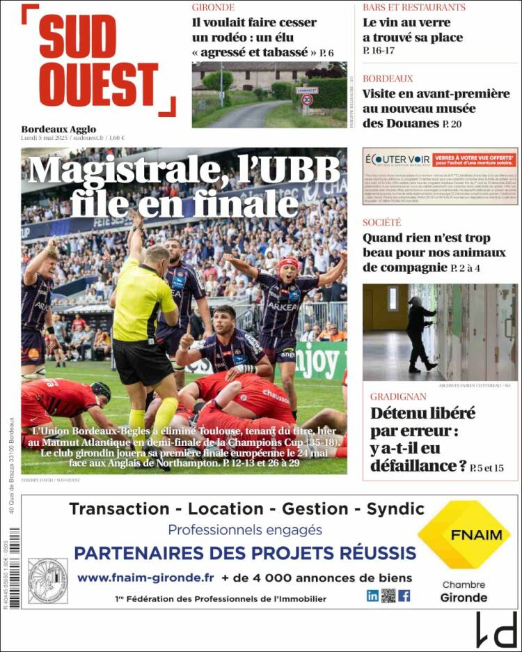 Portada de Sud Ouest (Francia)
