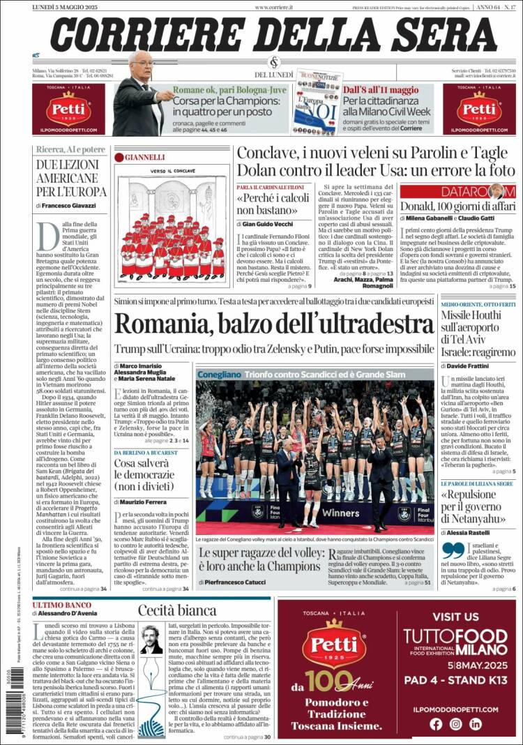 Portada de Corriere della Sera (Italia)