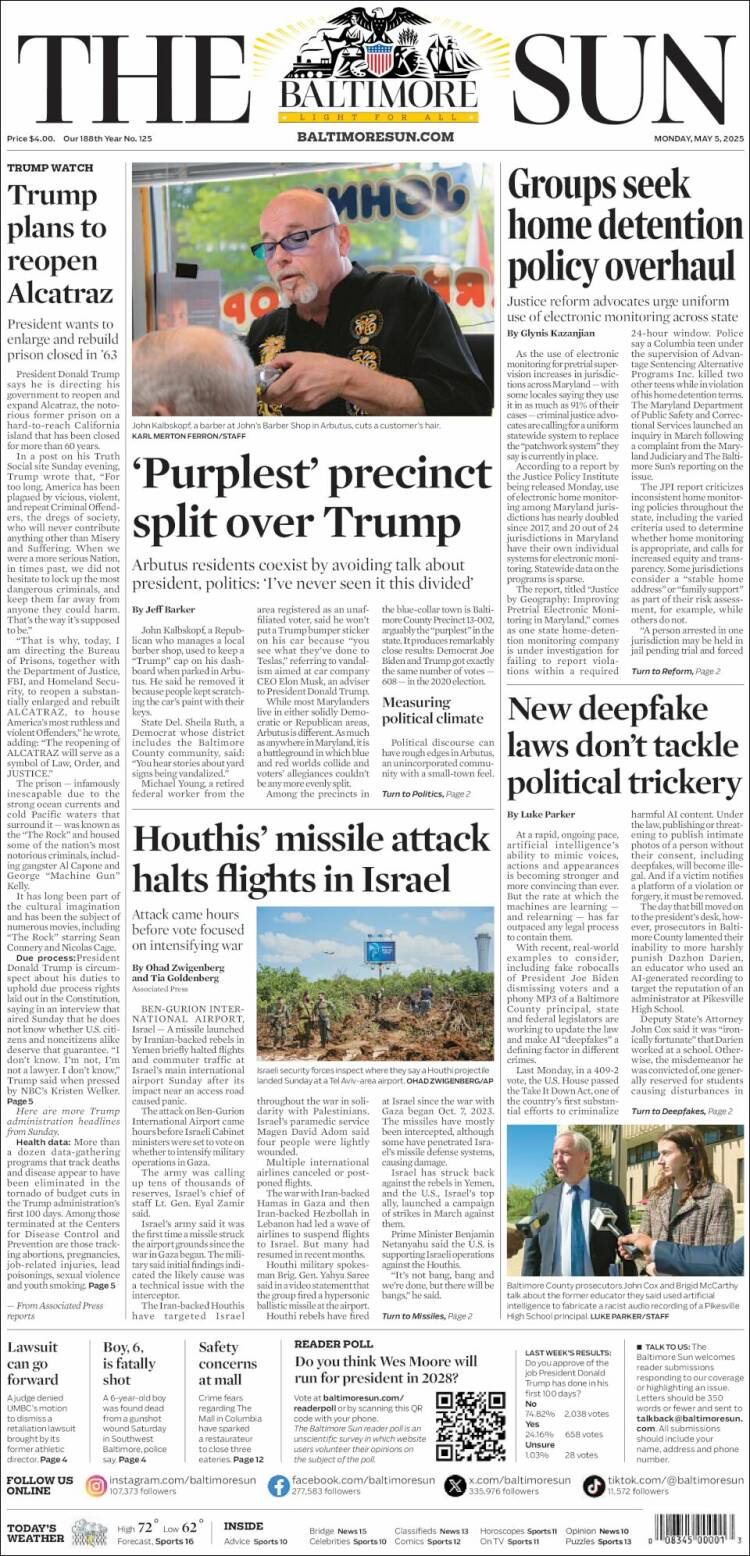 Portada de The Baltimore Sun (USA)