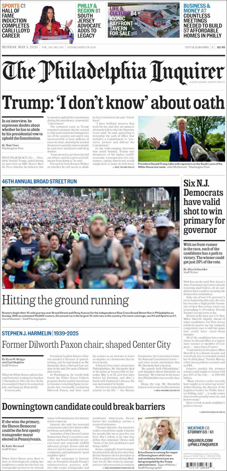 Portada de Philadelphia Inquirer (USA)