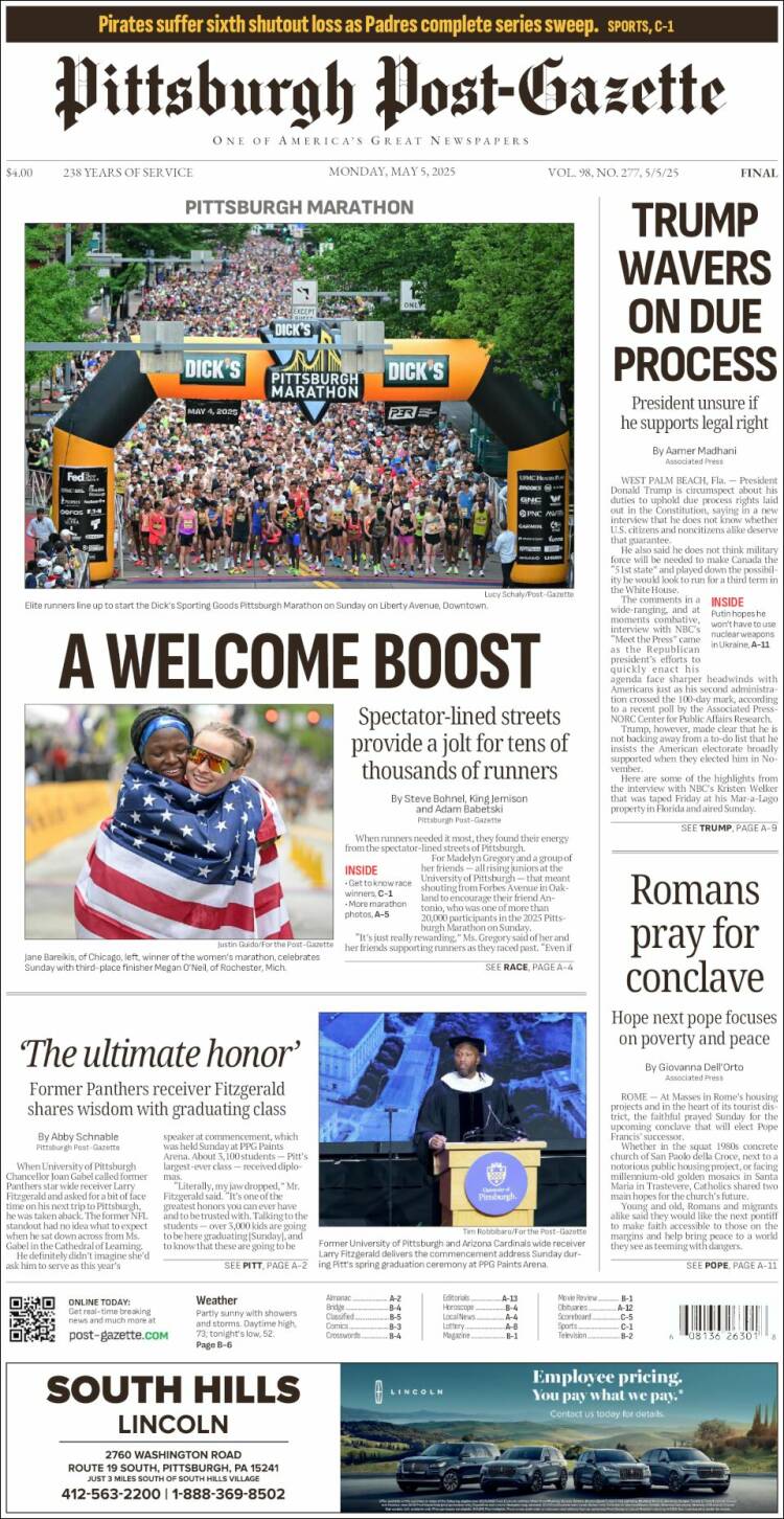Portada de Pittsburgh Post-Gazette (USA)
