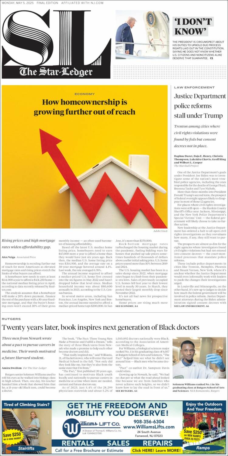 Portada de Star-Ledger (USA)