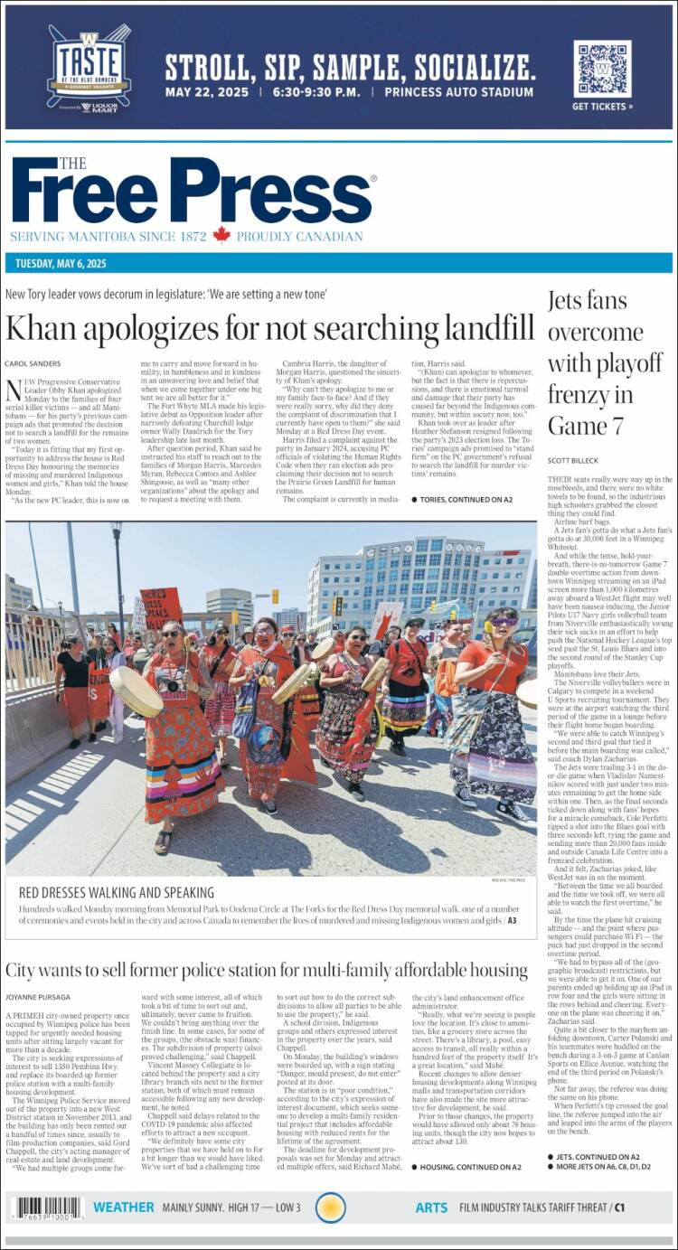 Portada de Winnipeg Free Press (Canadá)
