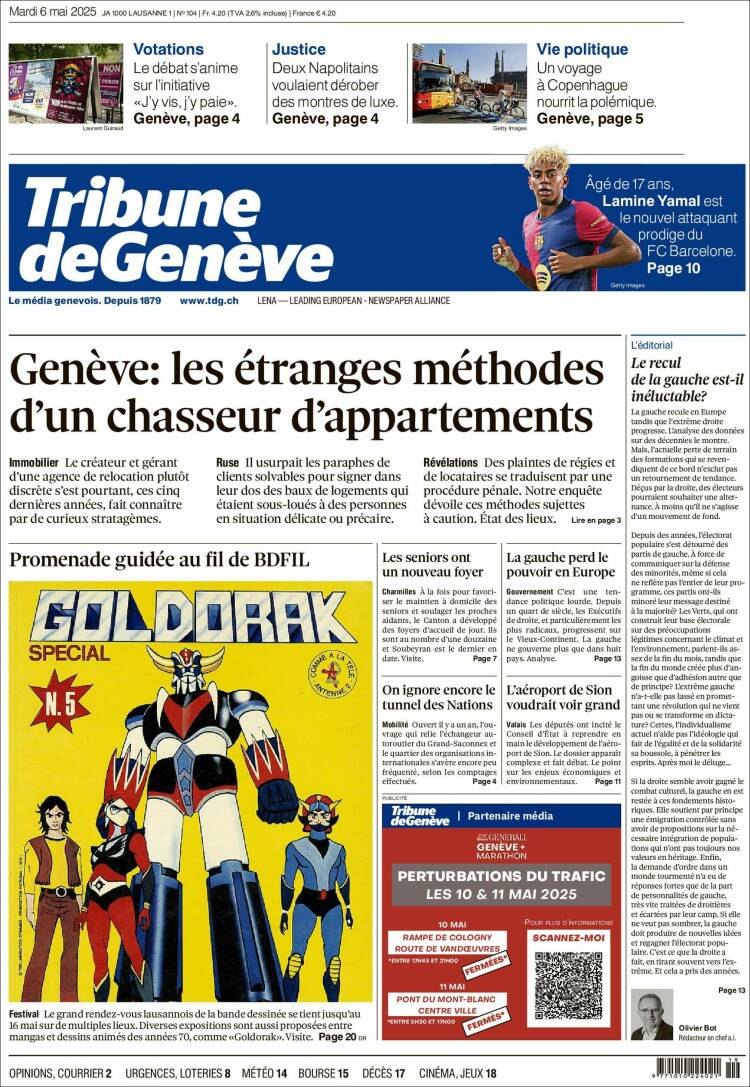 Portada de La Tribune de Genève (Suisse)
