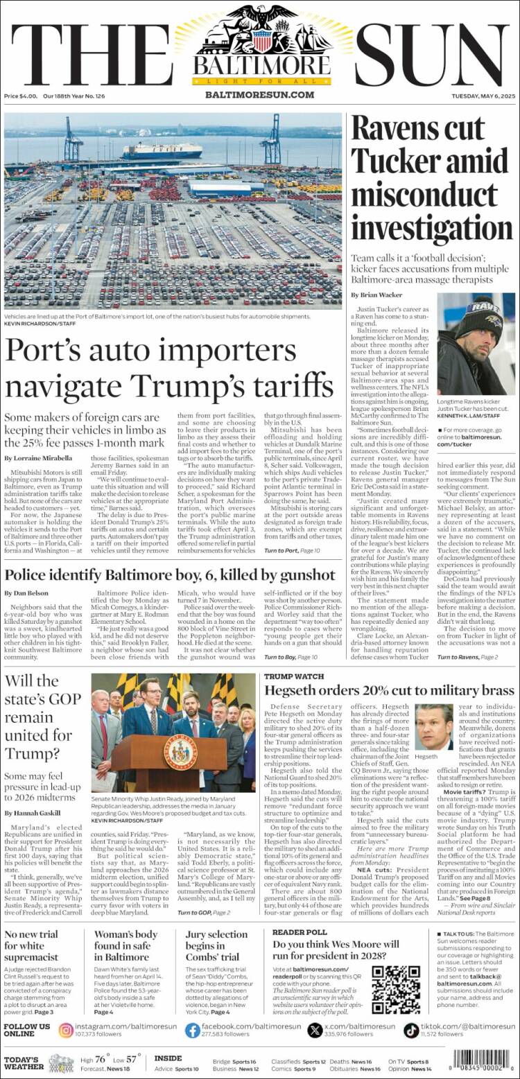 Portada de The Baltimore Sun (USA)