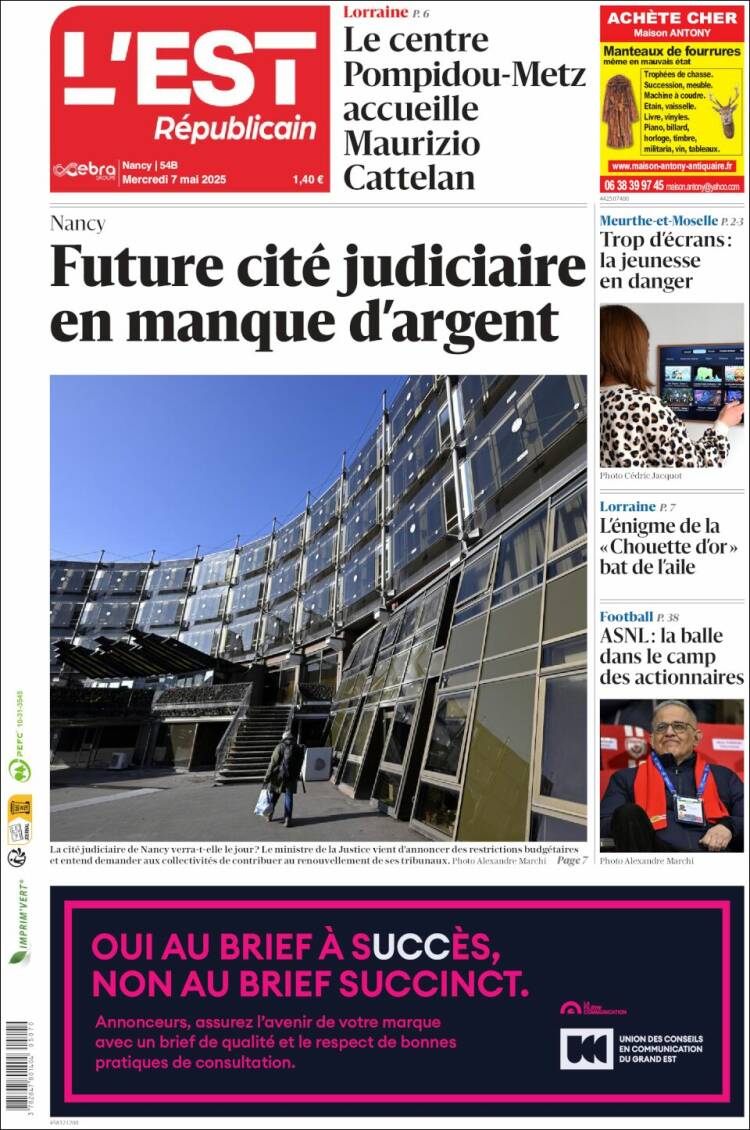 Portada de L'Est Republicain (Francia)