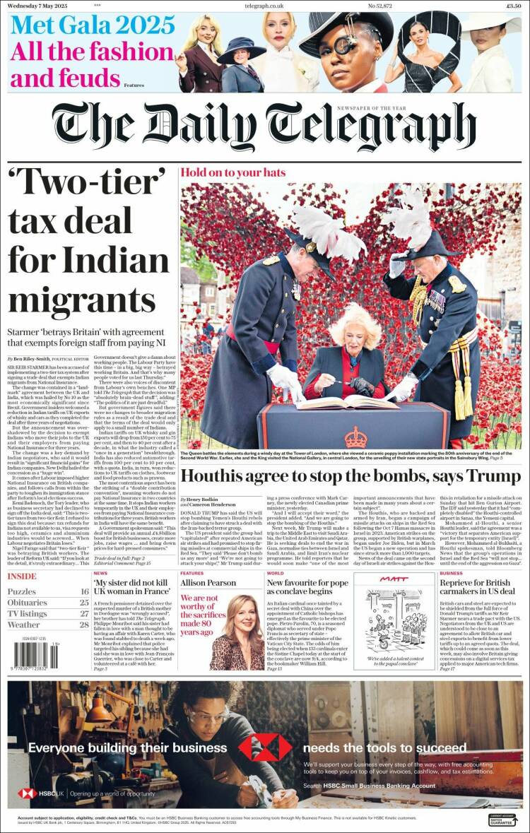 Portada de Daily Telegraph (Reino Unido)
